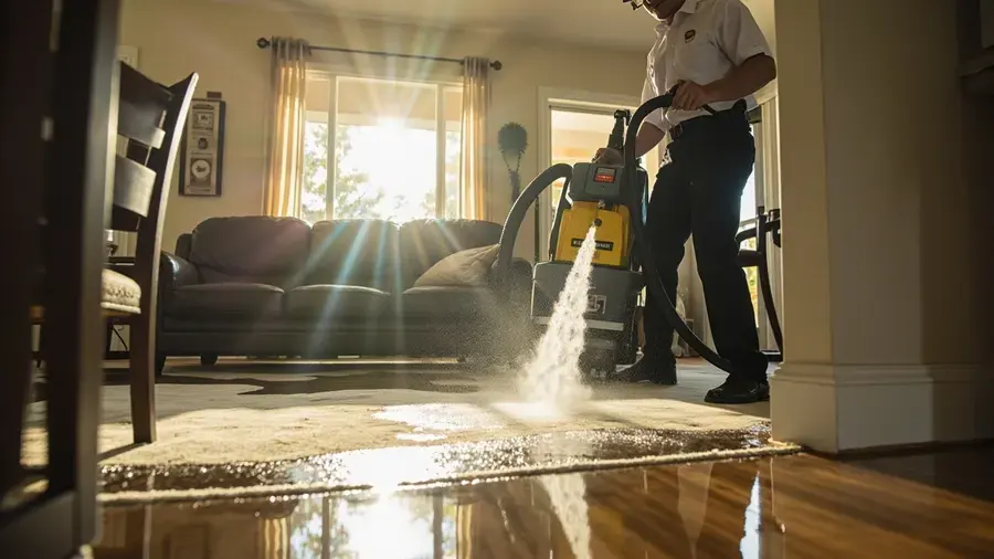 Restoration technician extracting water from a flooded living room floor