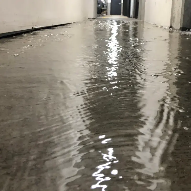 Water running down the hallway floor of an apartment building