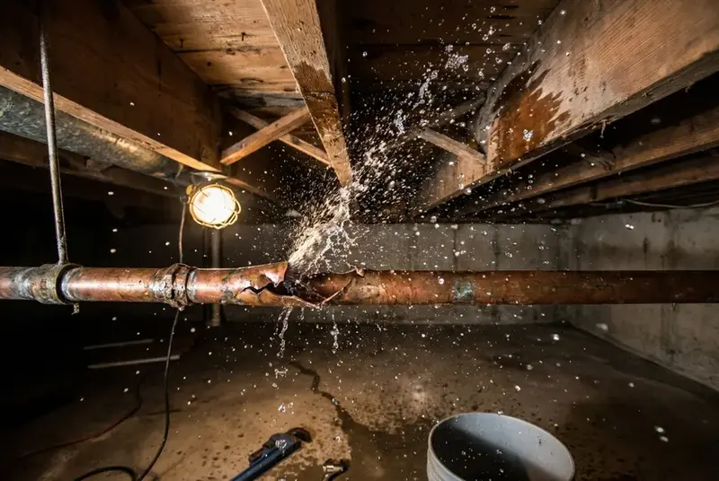 Copper supply pipe split open and spraying water under the floor framing