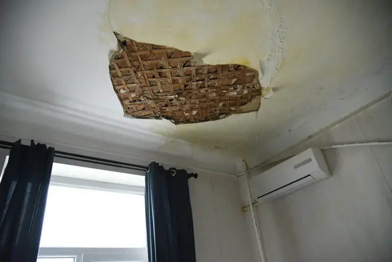 Ceiling drywall fallen away after a leak from above, exposing the lath