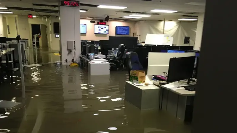 Office floor with desks and chairs standing in flood water