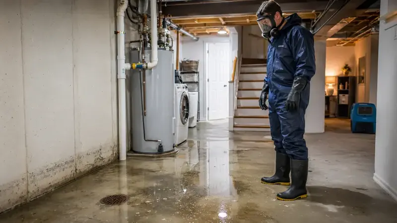 Worker in a respirator and boots inspecting a sewage backup on a basement floor