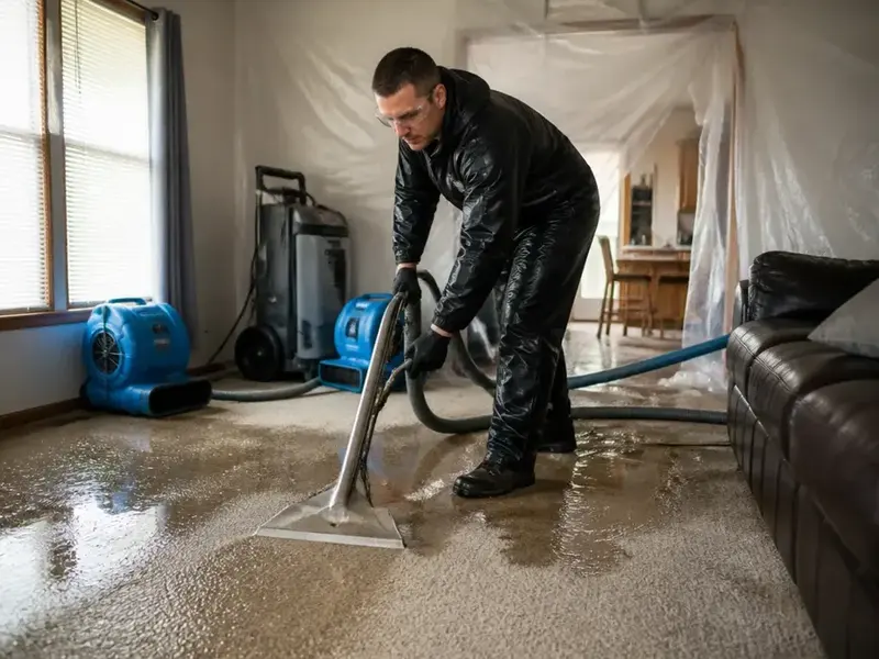 Technician running an extraction wand across soaked carpet with air movers set behind
